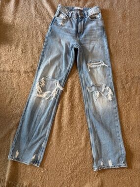 Zara Light Blue Distressed Wide-Leg Jeans